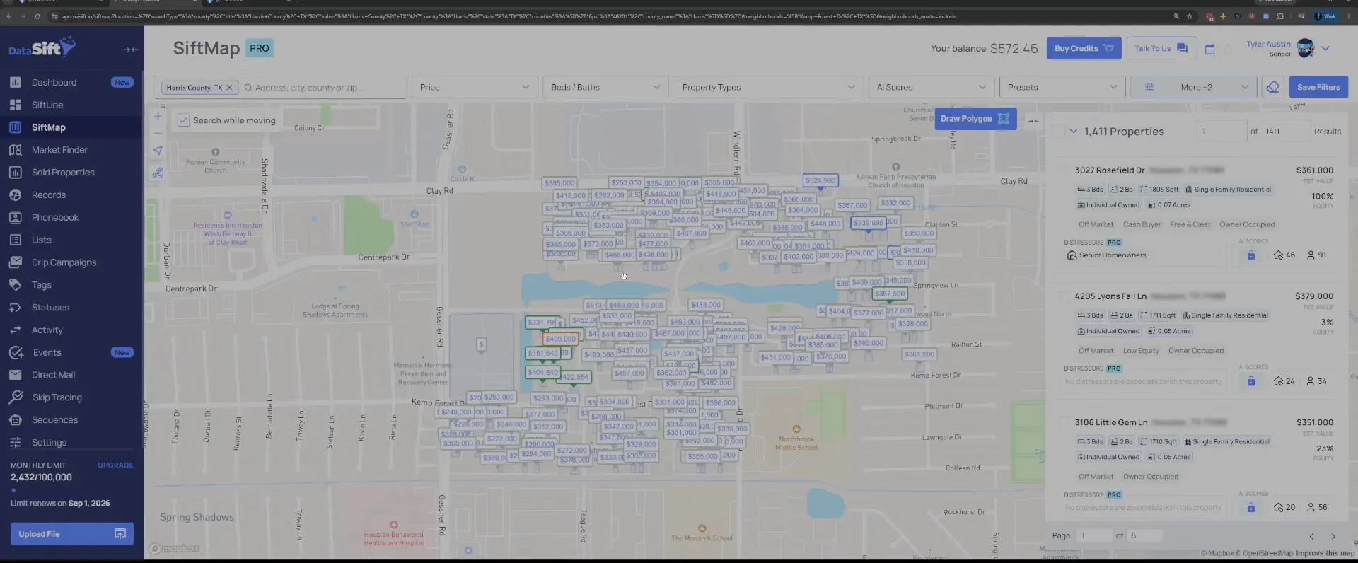 Filtered neighborhood map with property cards on the right and no property type picked