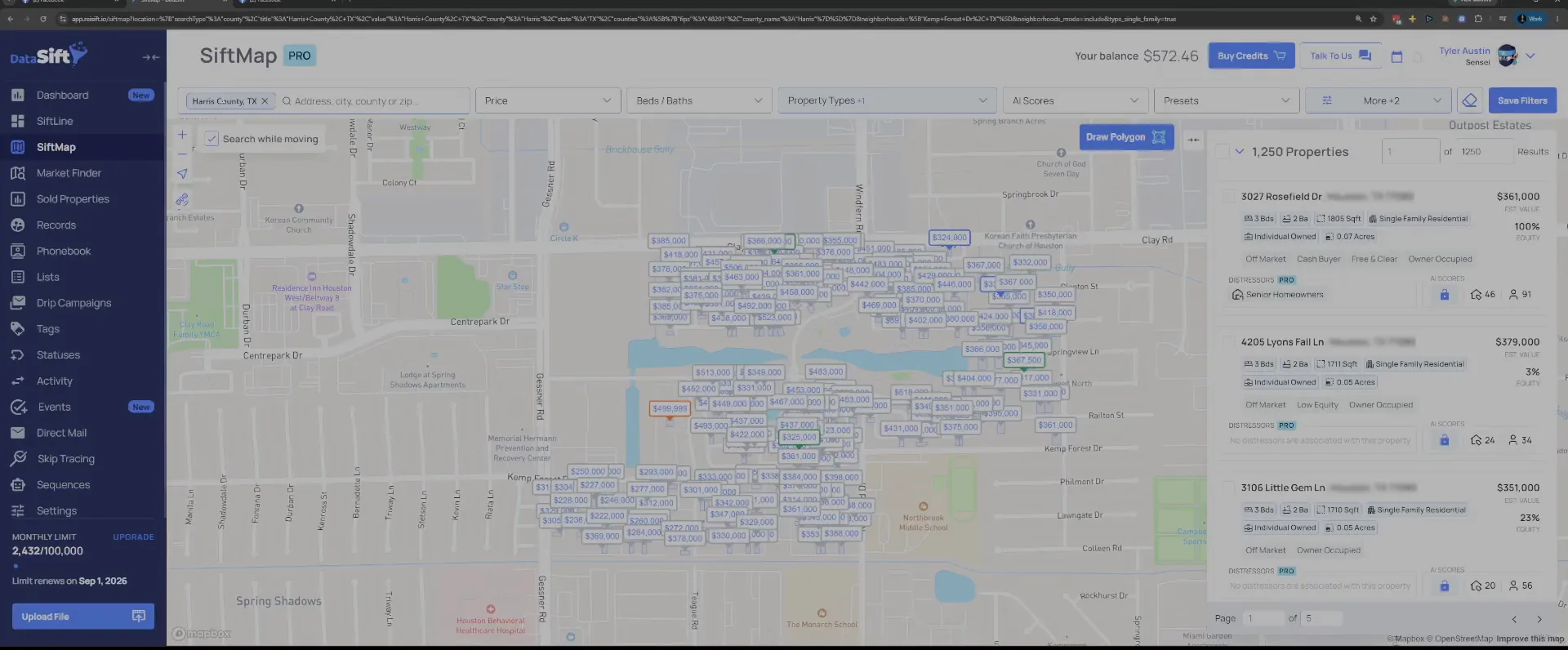 Neighborhood filtered map with a smaller property list and price markers on the map