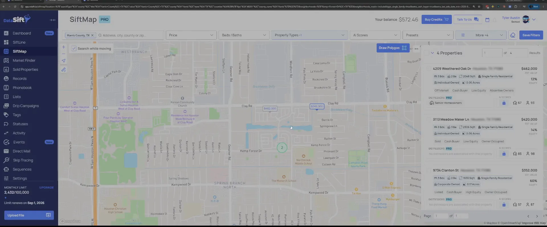 Filtered results showing a few properties in the neighborhood with the cash buyer filter applied