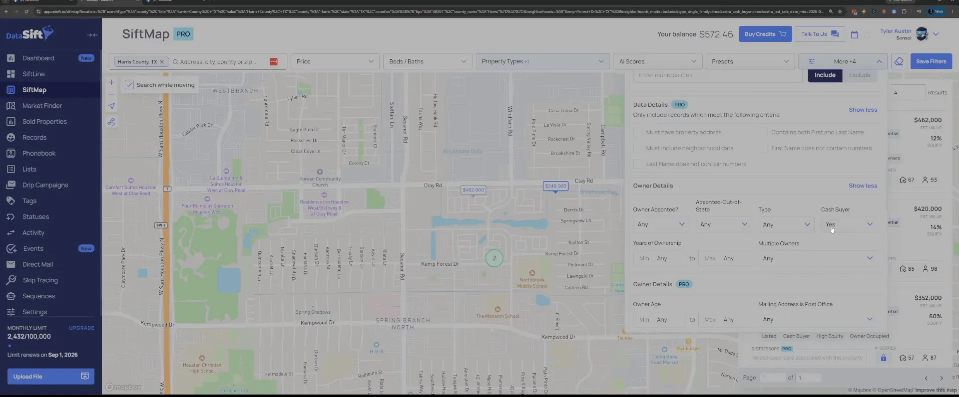 Owner Details with Cash Buyer set to Yes beside the neighborhood map view