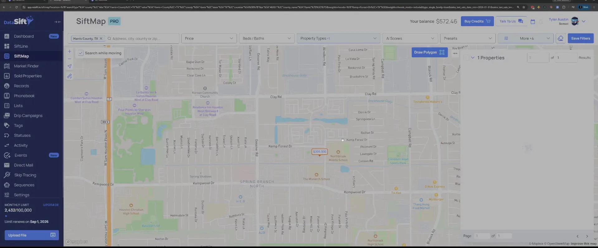 Neighborhood results showing a single property remaining after the flip filter
