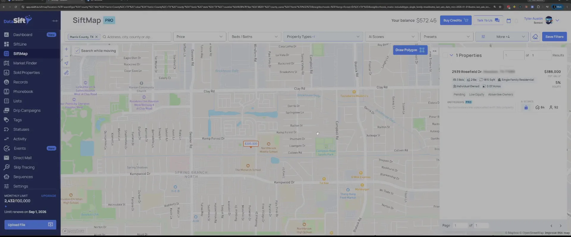 One filtered property result showing pending status and flip details on the card