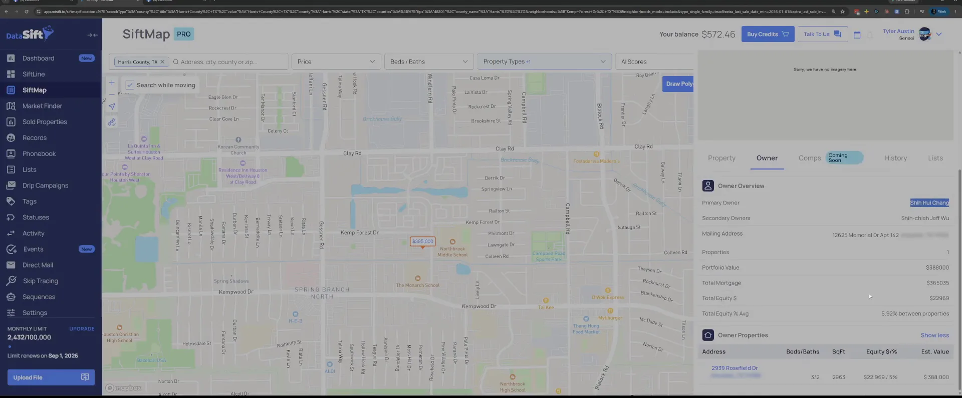Owner tab showing Owner Overview with the primary owner name and mailing address