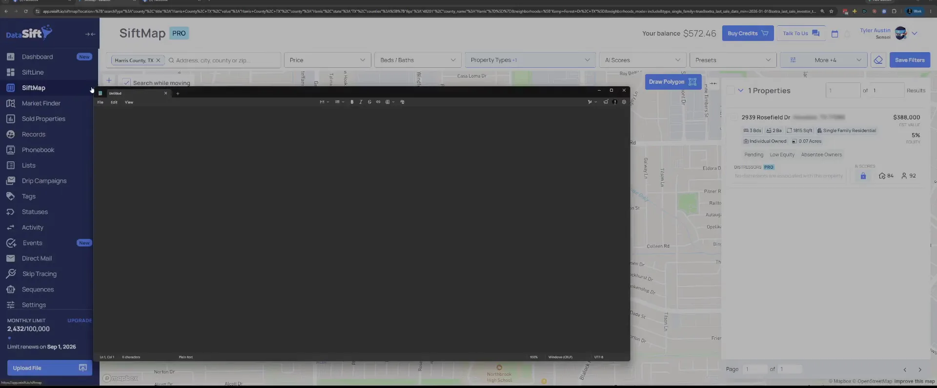 SiftMap with a property listing open and a blank notepad window beside it