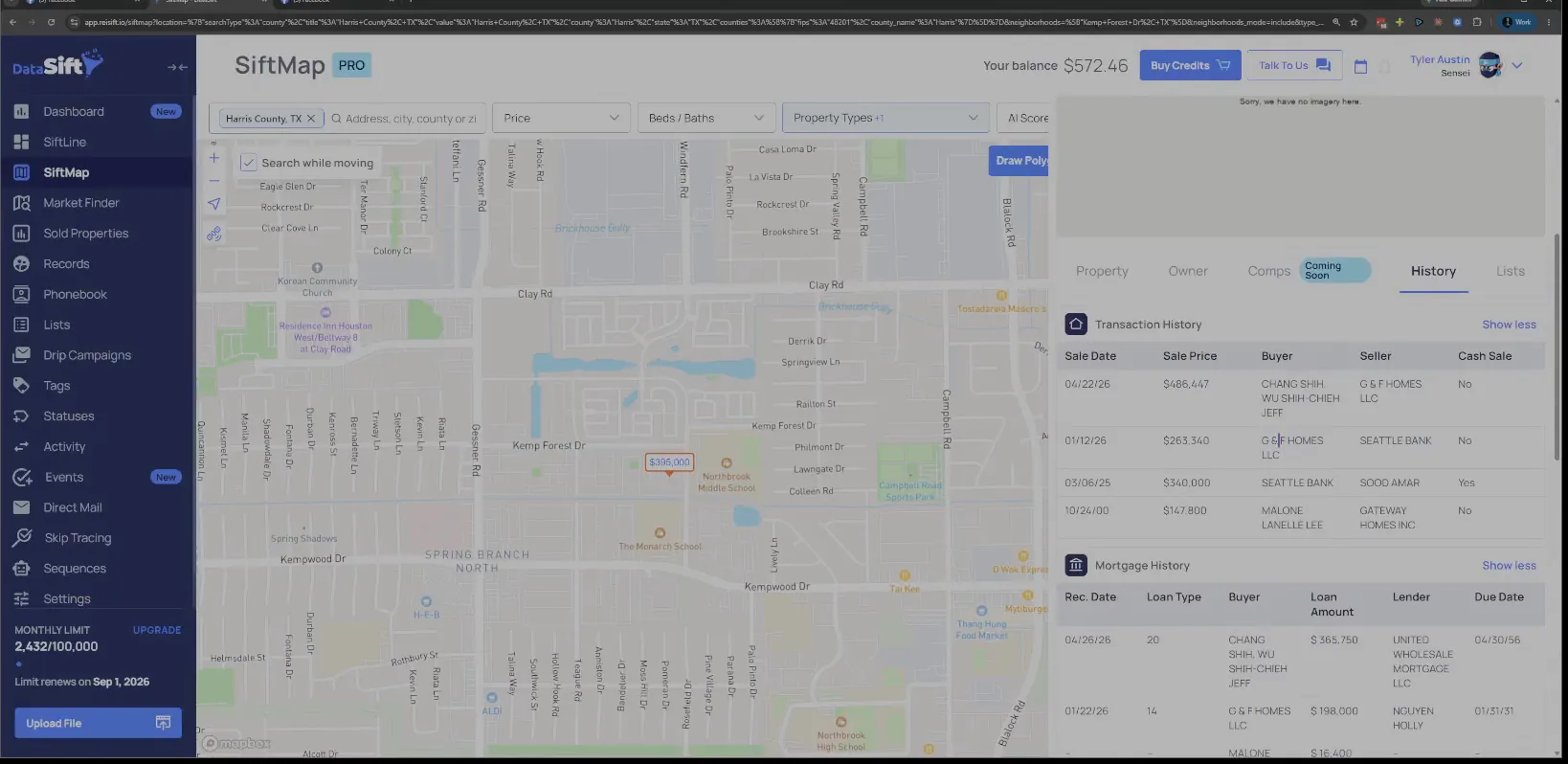 Property History tab with G and F Homes LLC listed as the seller
