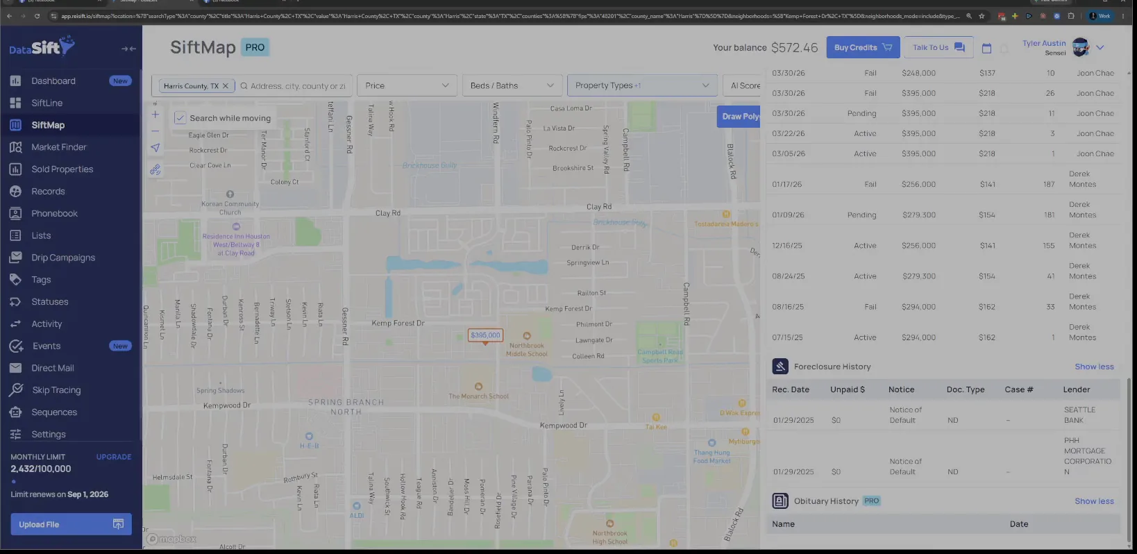 Property record showing sale history, listing statuses and notice of default entries