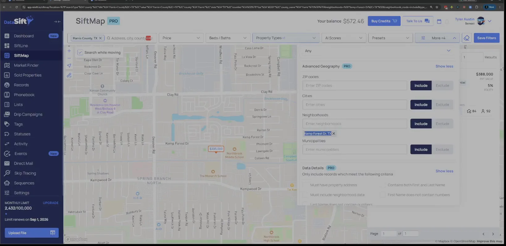 Filters panel with the Kemp Forest Dr neighborhood tag and Advanced Geography open
