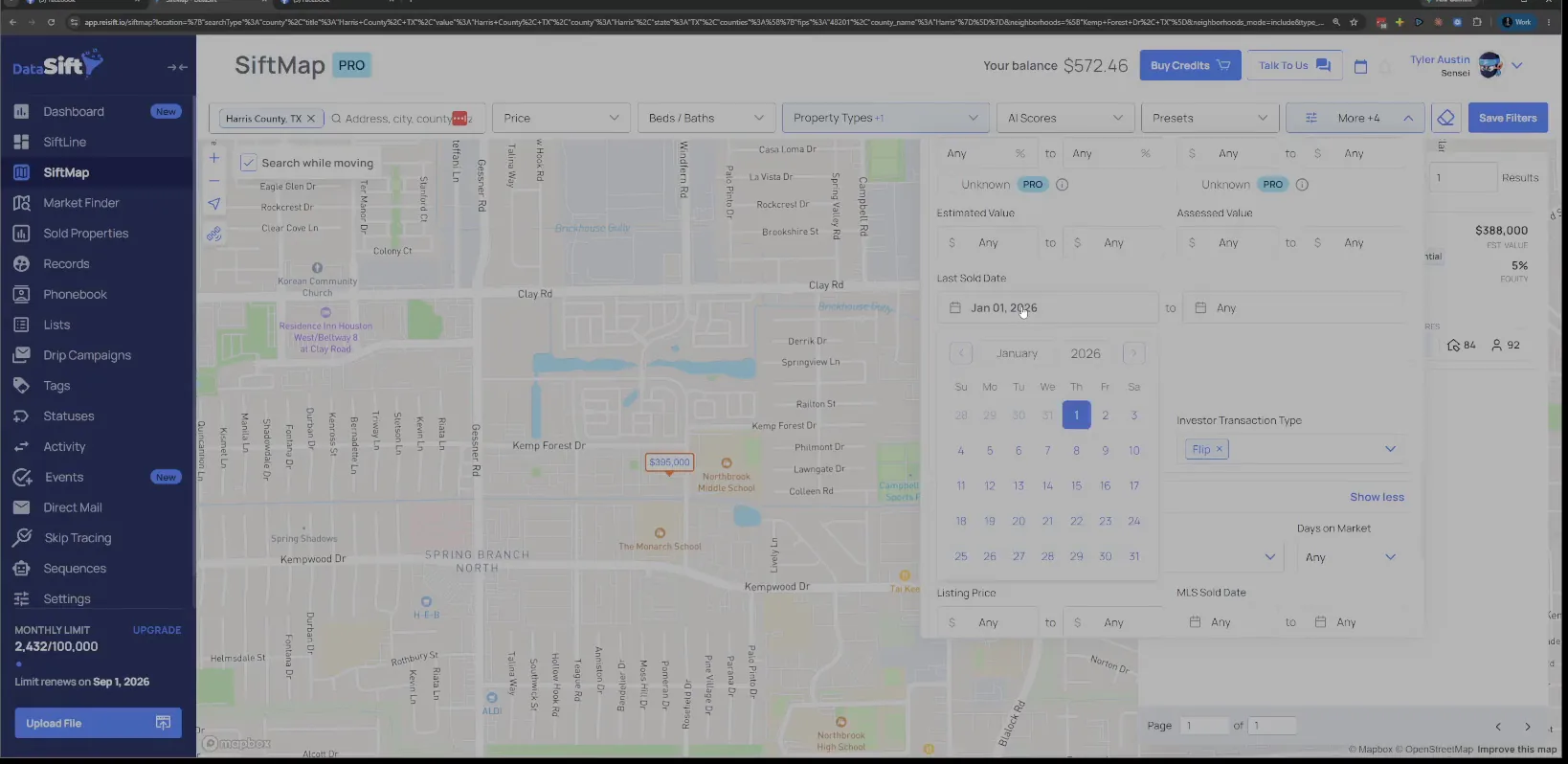 Filters panel showing the Last Sold Date calendar and Investor Transaction Type set to Flip