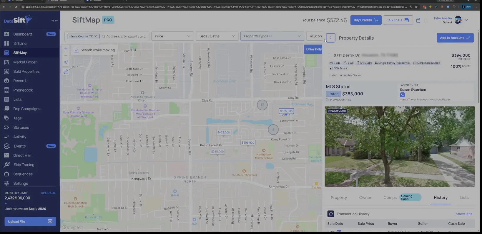 Property details panel with address, MLS status and the history table open