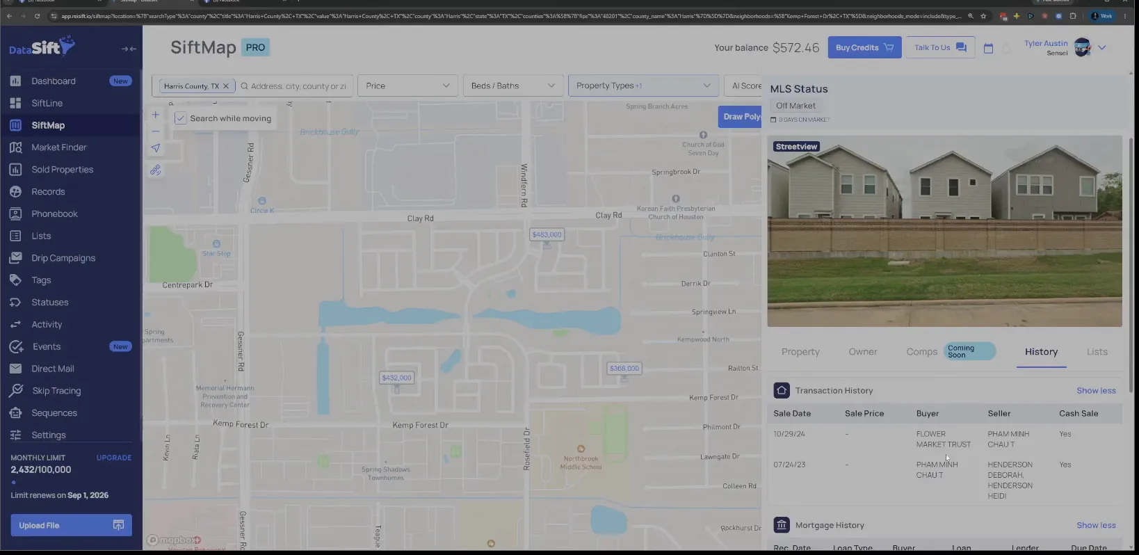 History tab with transaction history listing Flower Market Trust as the buyer