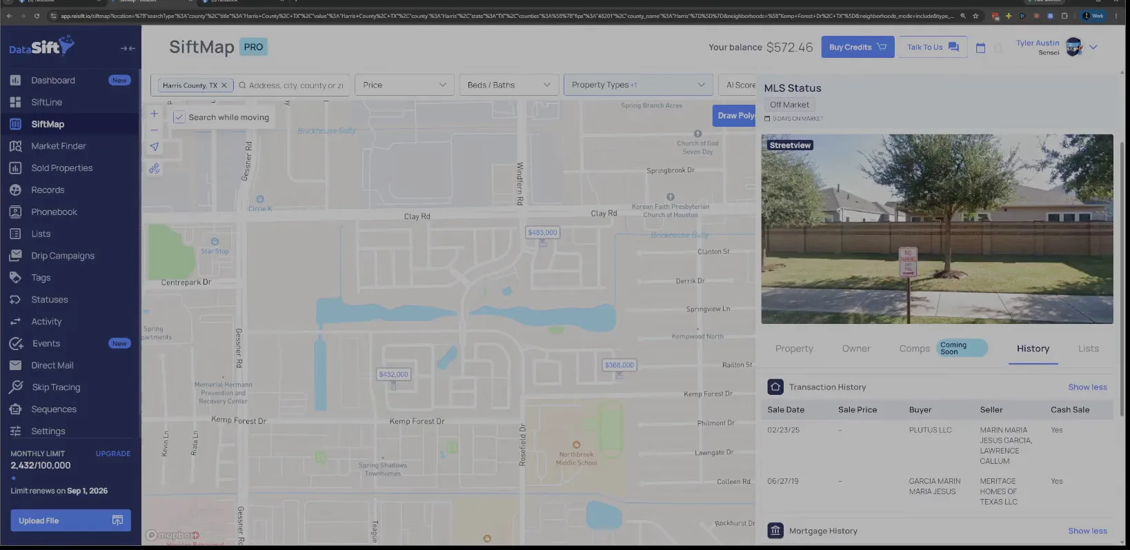 Property panel showing transaction history with Plutus LLC as the buyer