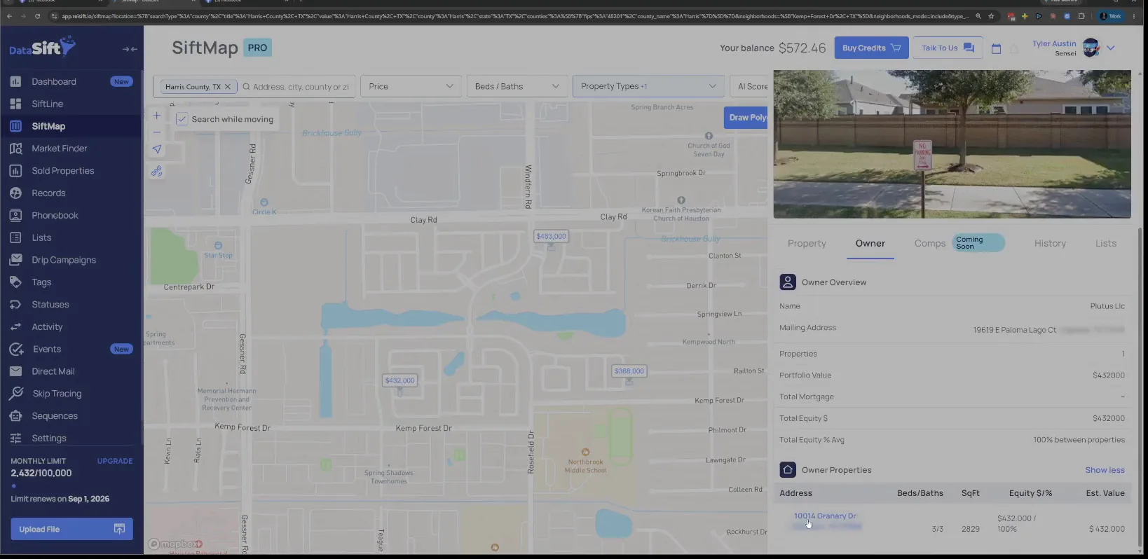 Owner tab showing Plutus Llc with one property listed and portfolio value