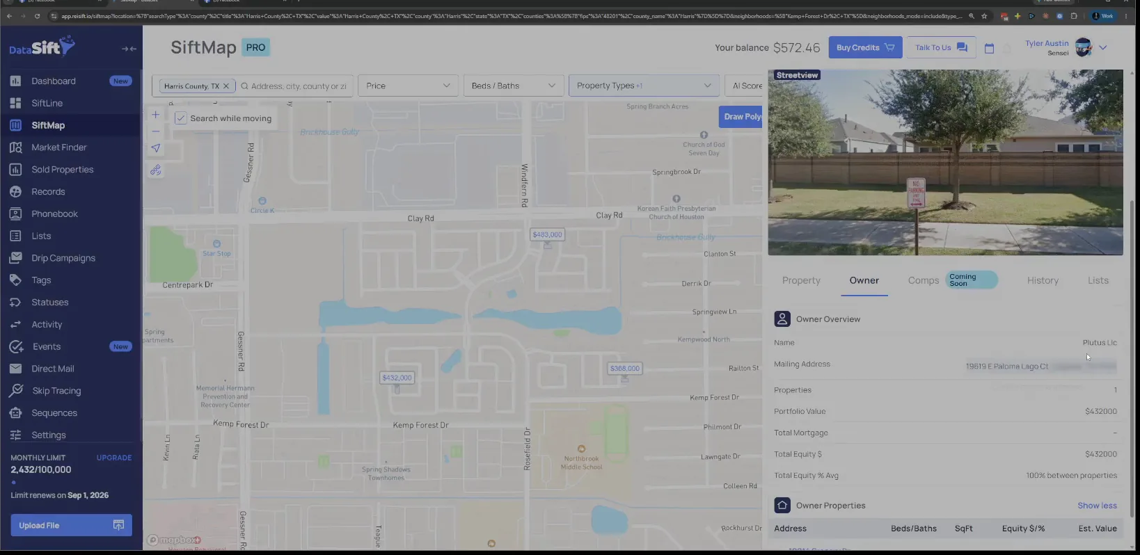Owner tab showing Plutus LLC with one property and its portfolio value