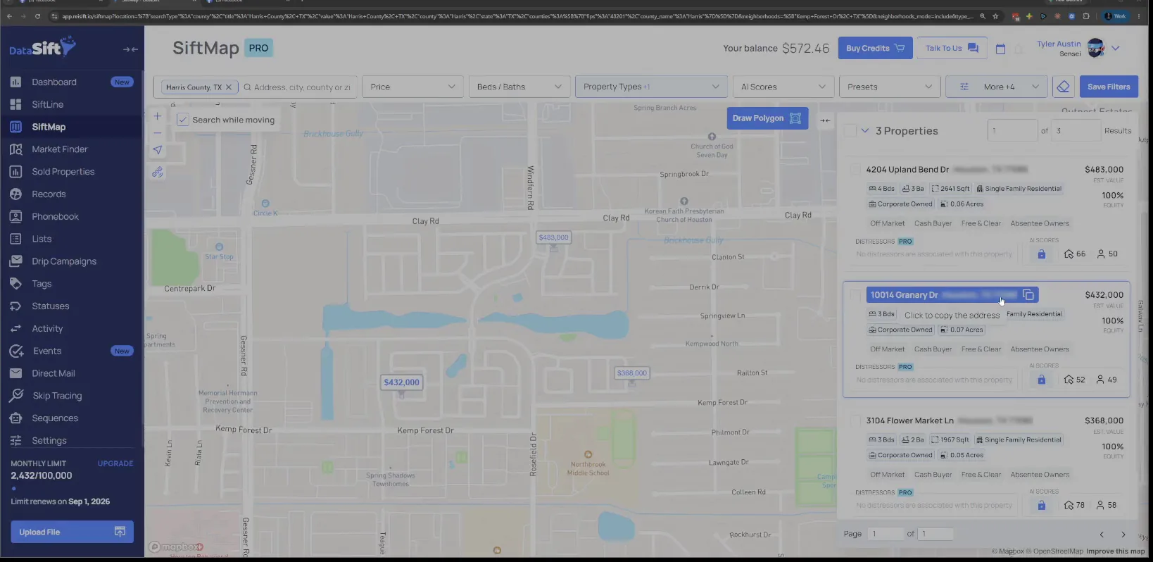 Results list of corporate owned properties with the Granary Dr address highlighted