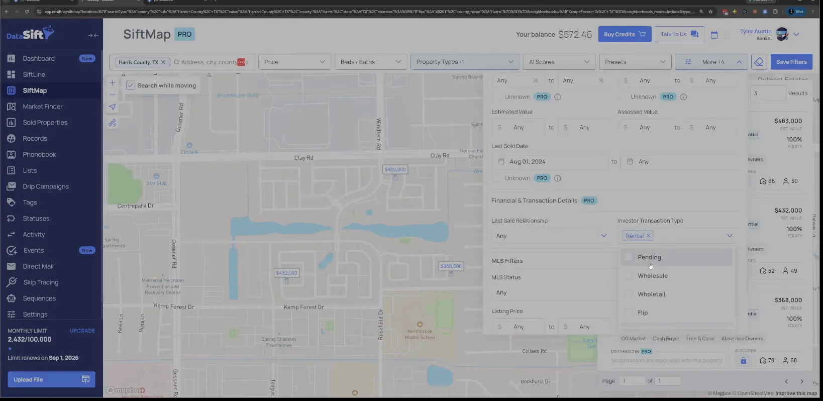 Investor Transaction Type dropdown open with Rental selected and Pending listed unchecked
