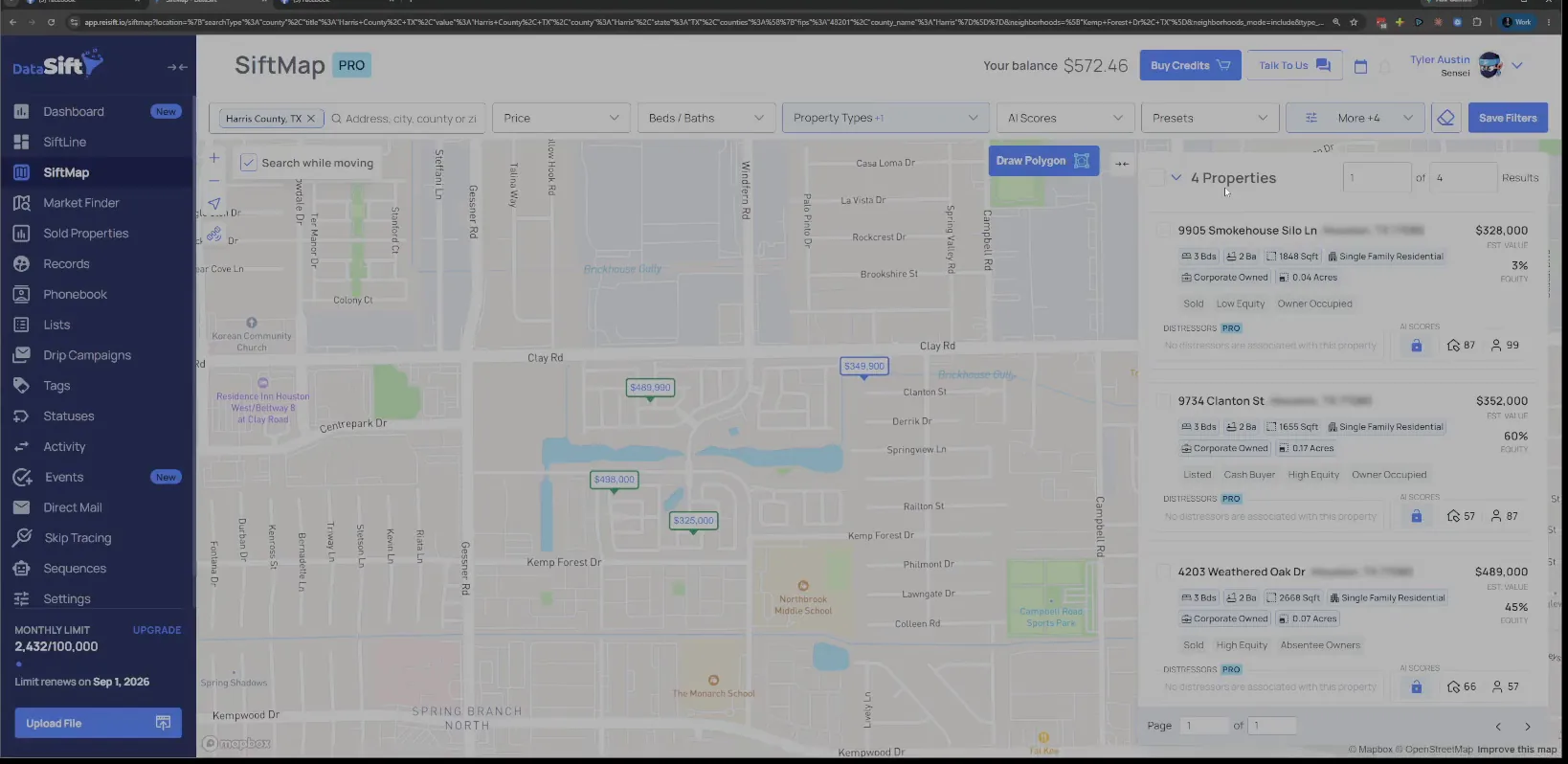 Results list of pending investor properties with the map view applied