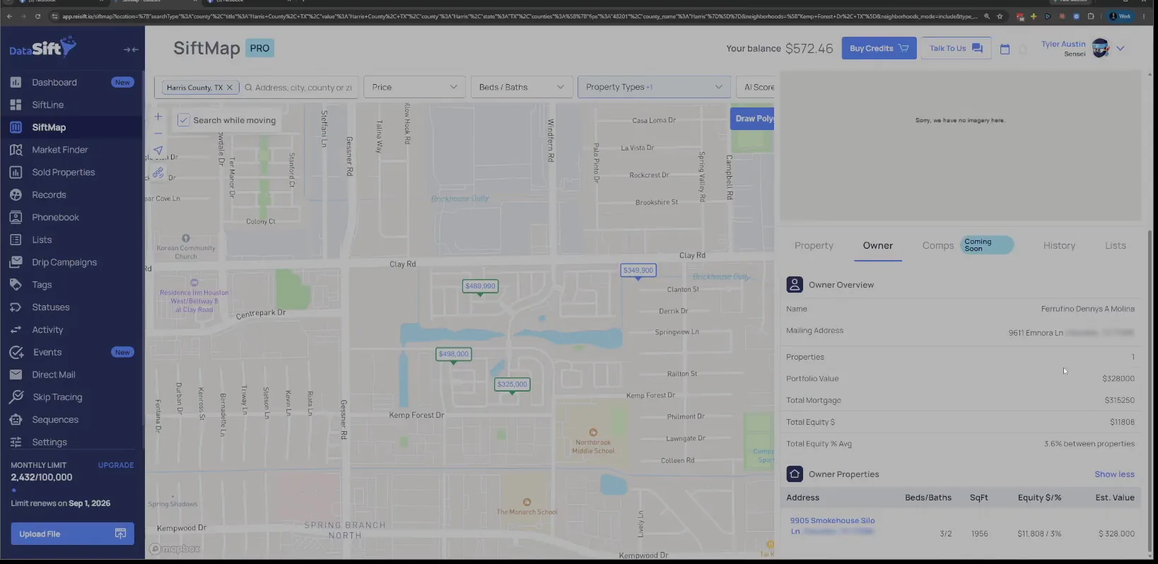 Owner tab with owner name, mailing address, portfolio value and equity details