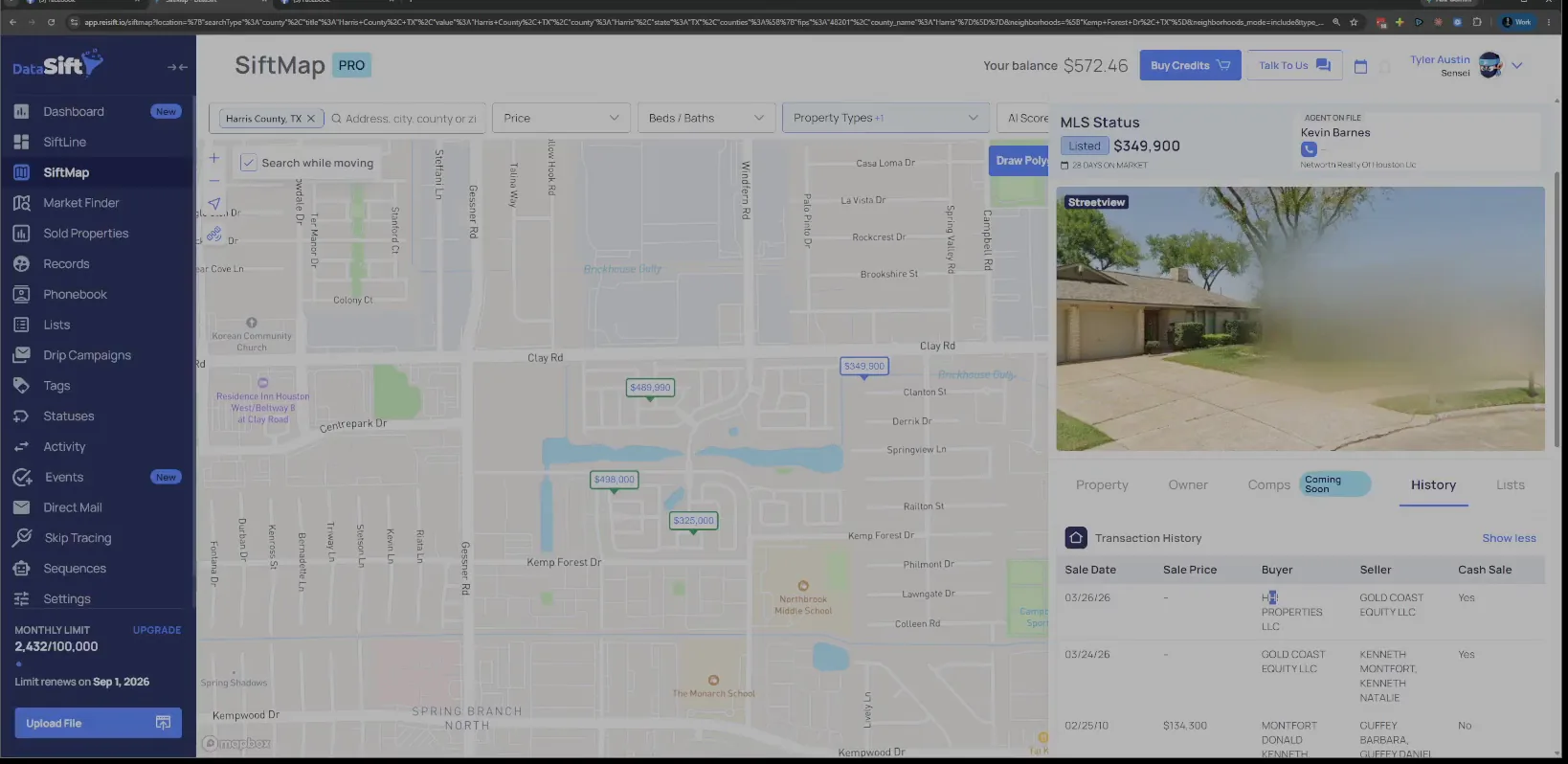 Property detail panel with Transaction History showing HHI Properties and Gold Coast Equity