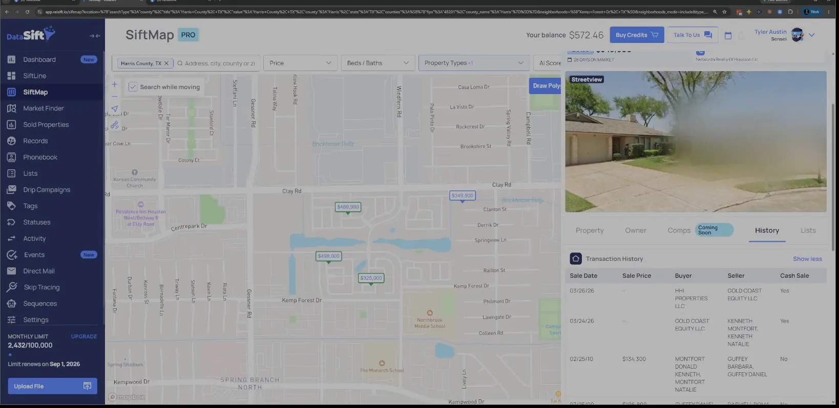 History tab transaction history with HHI Properties and Gold Coast Equity LLC entries