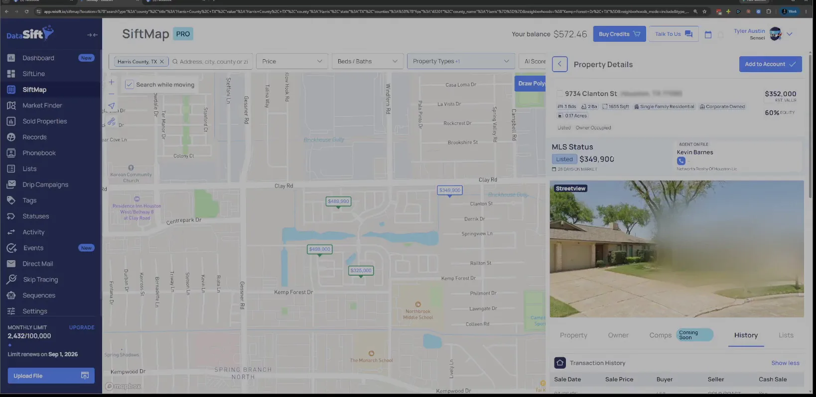 Property details panel with MLS status listed, agent Kevin Barnes and History tab open