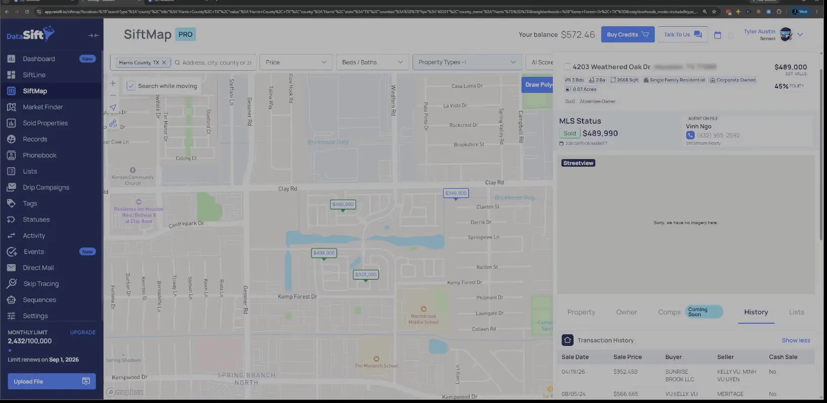 Property detail panel showing MLS status sold with price and transaction history table