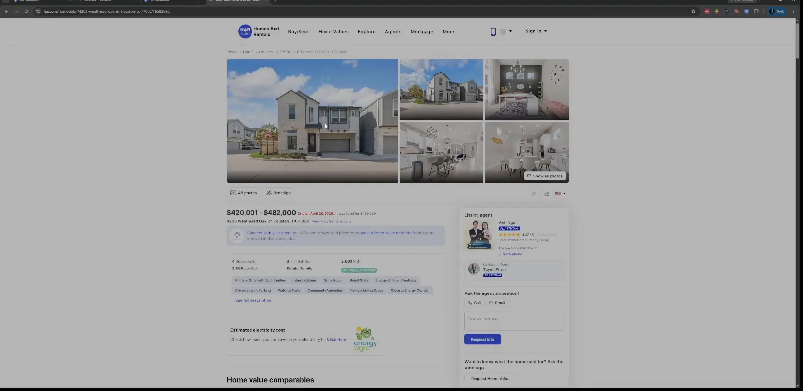 HAR listing page for the sold address with price and agent information