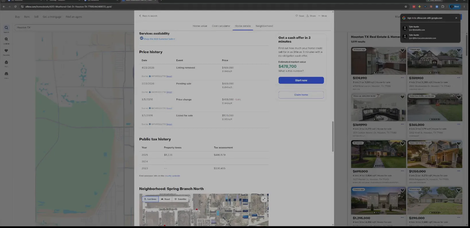 Zillow listing page price history with listing removed and pending sale entries