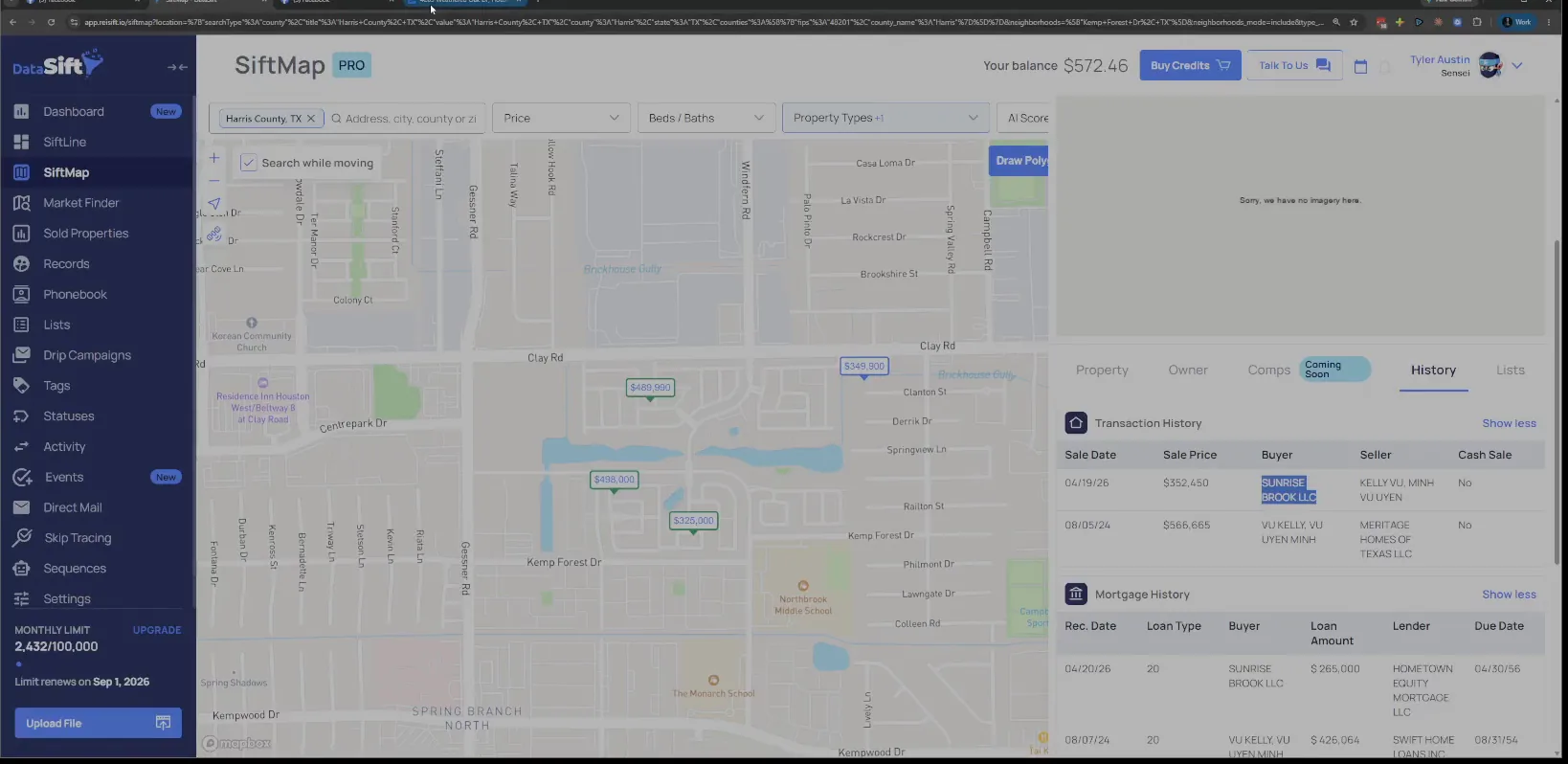 History tab with transaction and mortgage history for Sunrise Brook LLC