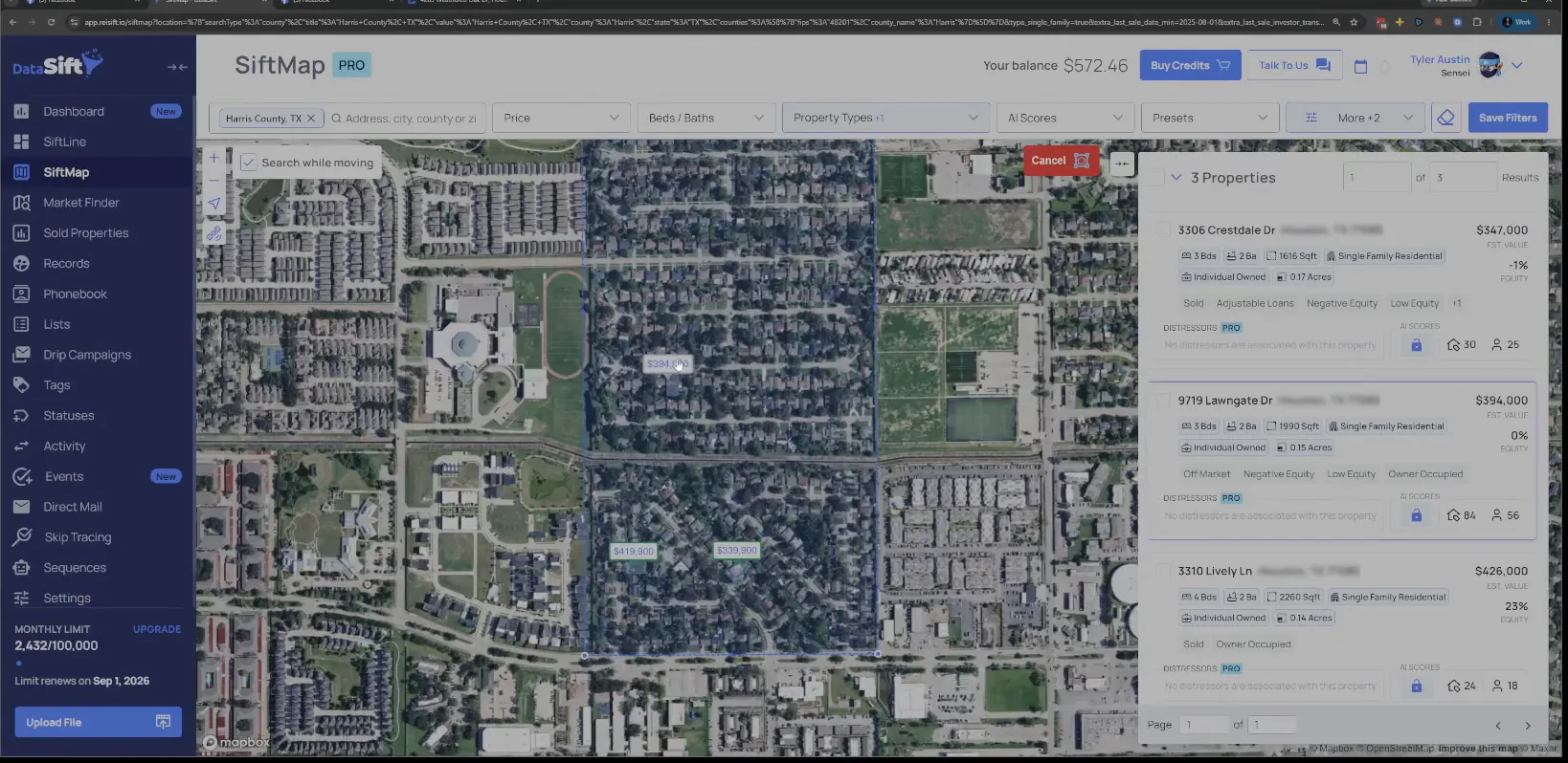 Map with a drawn area filter and the results panel listing the neighborhood properties