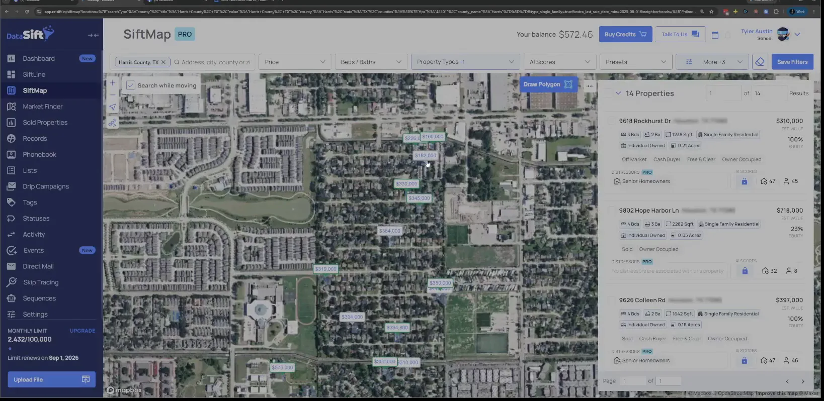 SiftMap map view with price tags on the filtered properties and the list panel at right
