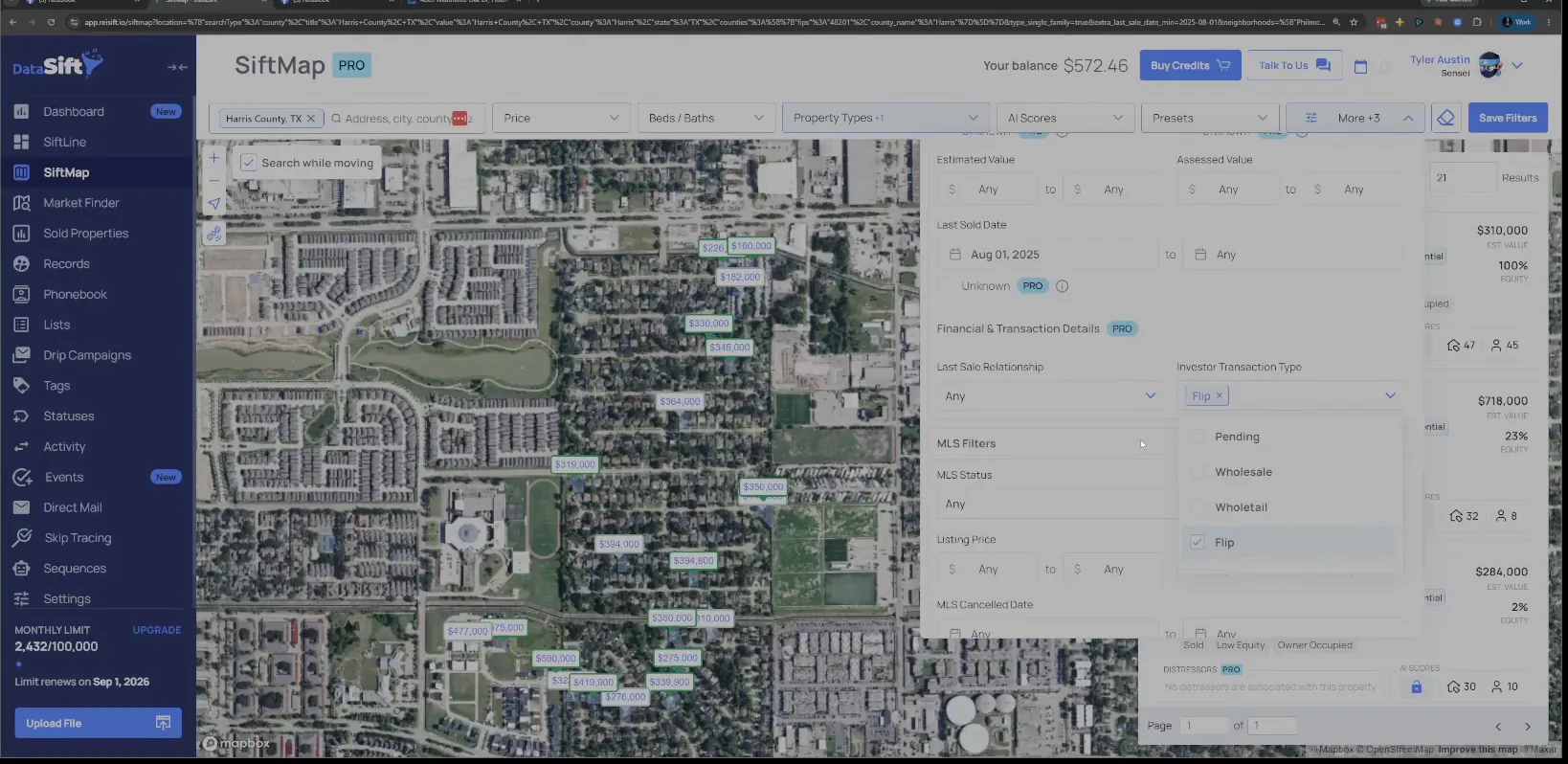Filter panel with Investor Transaction Type set to Flip and results on the map