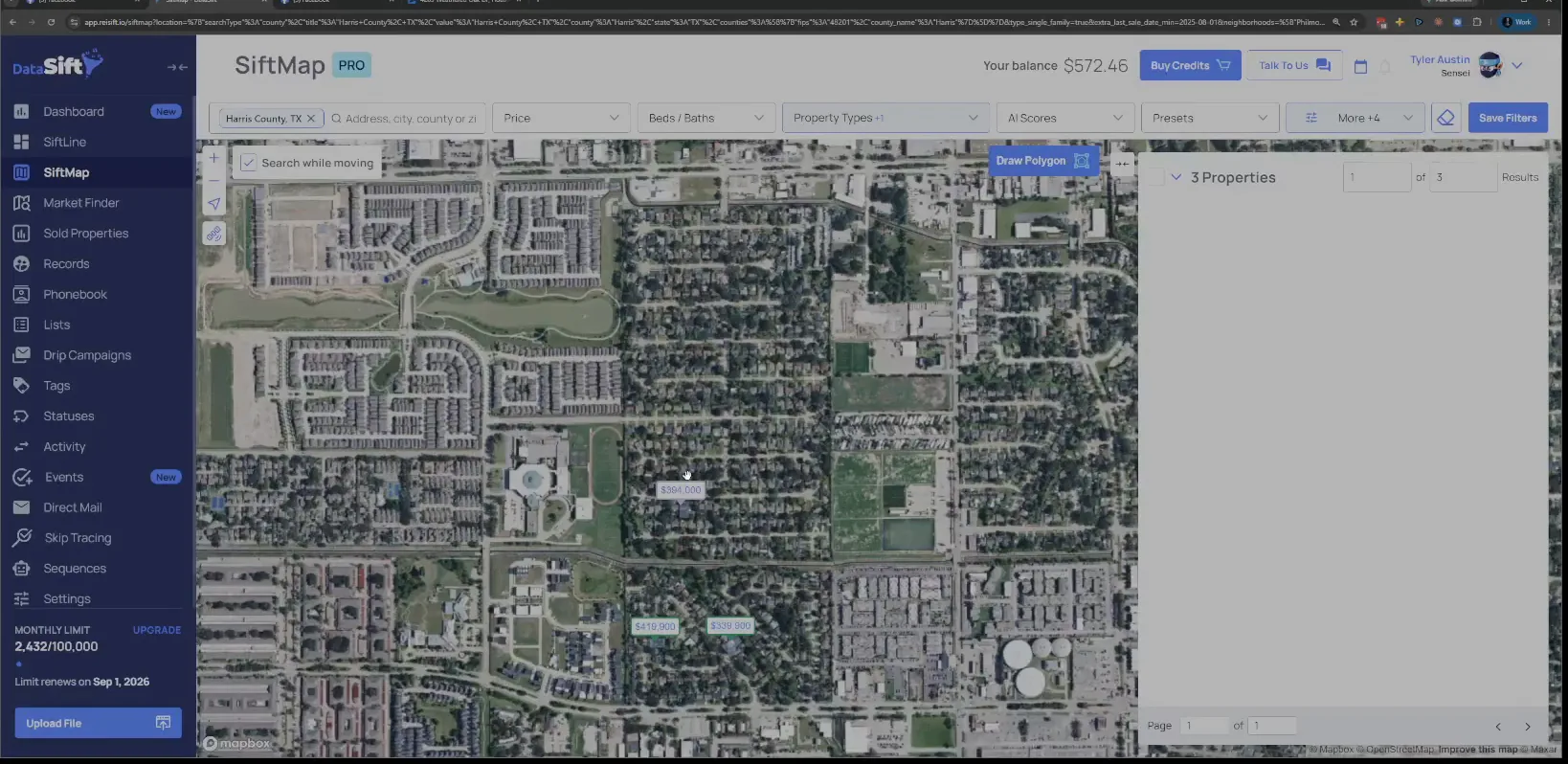 Map filtered to a neighborhood in Harris County with price markers on properties