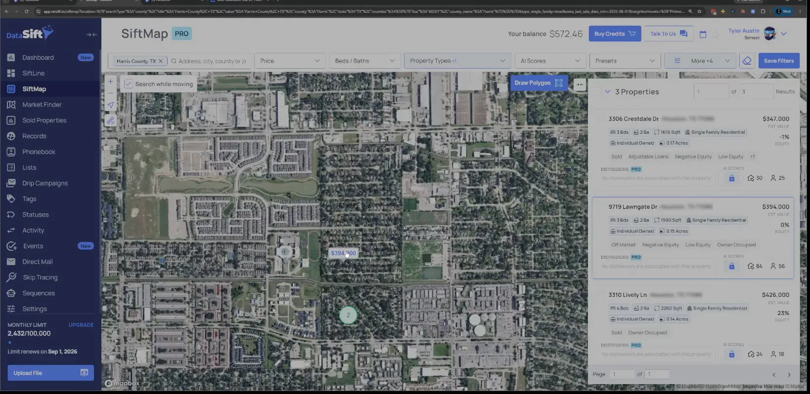 Filtered neighborhood results in Harris County with prices and property details listed