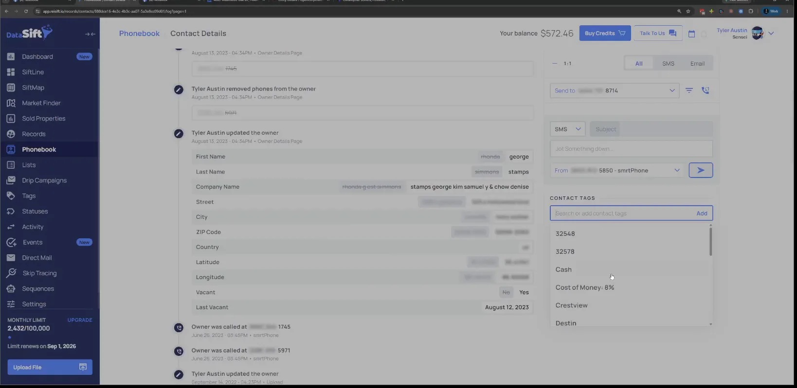 Contact details page with Contact Tags dropdown open showing zip codes, cash and cost of money