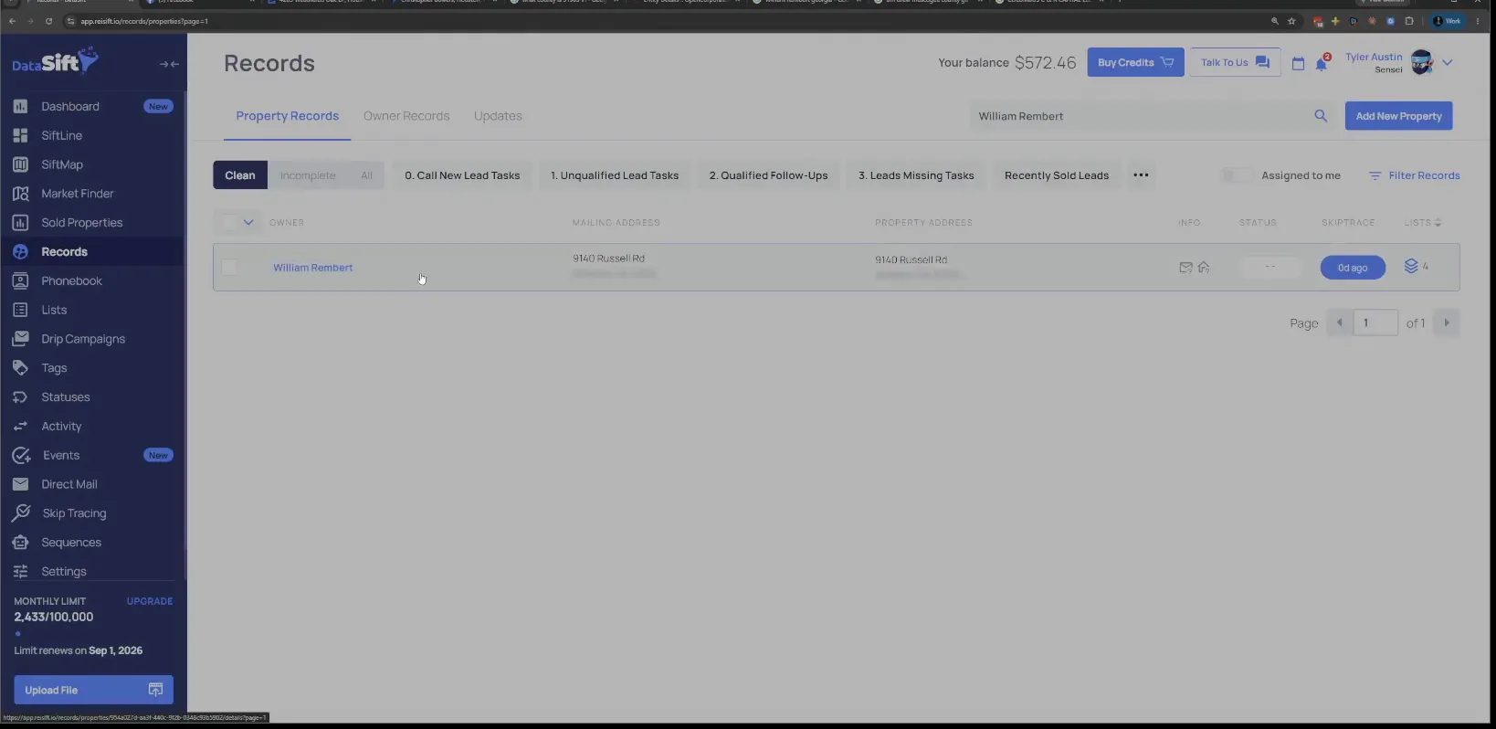 Records page with William Rembert search result showing mailing address and status column