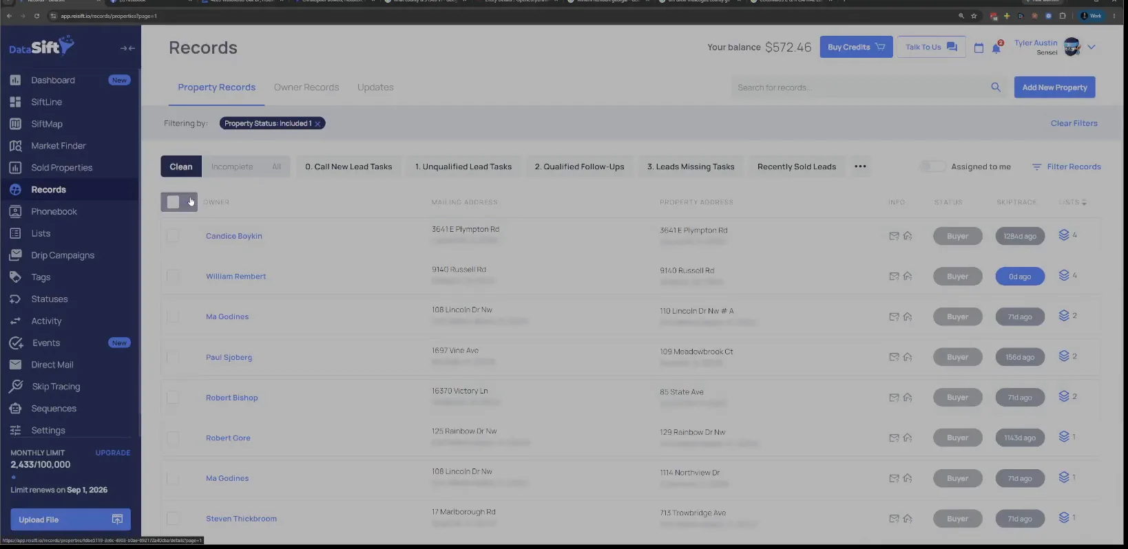 Records page filtered to Property Status Buyer, owners with mailing addresses, no rows selected