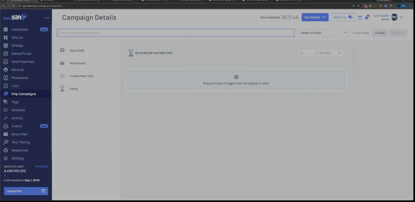 New drip campaign details screen with empty title field and drag and drop trigger area
