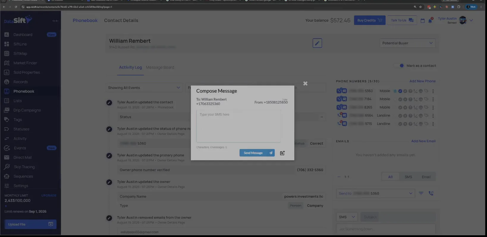 Contact detail page with a Compose Message SMS popup to William Rembert open