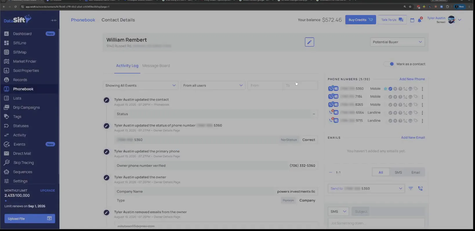 Contact detail page for William Rembert with activity log, phone numbers and SMS box