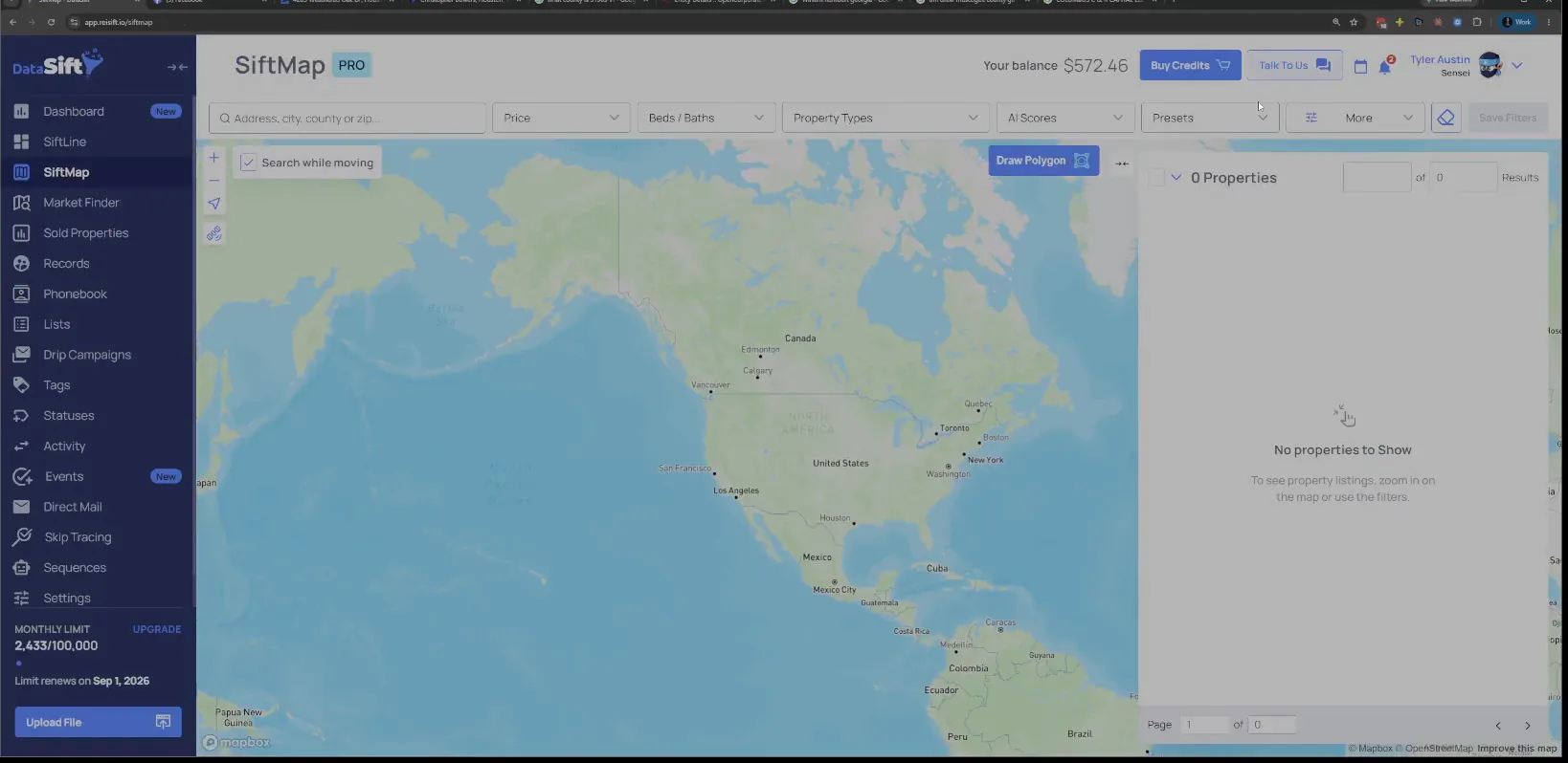 SiftMap main map view zoomed out worldwide with no properties and filter controls