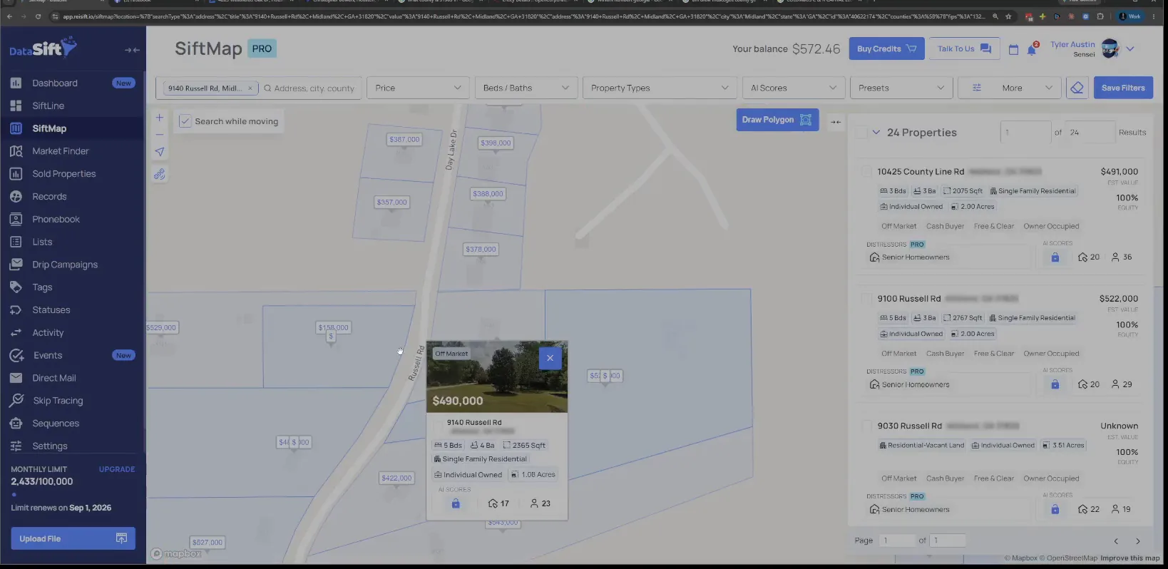 SiftMap search result card for the Russell Rd Midland address with map behind it