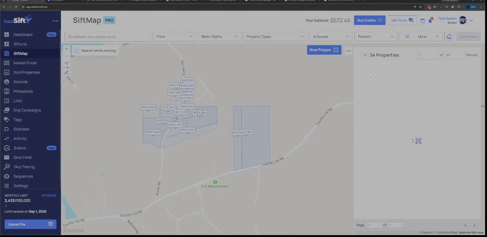 SiftMap with price markers, results panel and the More filters button in the toolbar