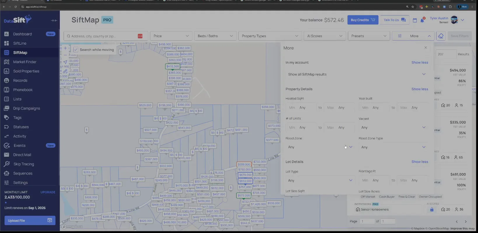 More filters panel open on Property Details and Lot Details fields over the map