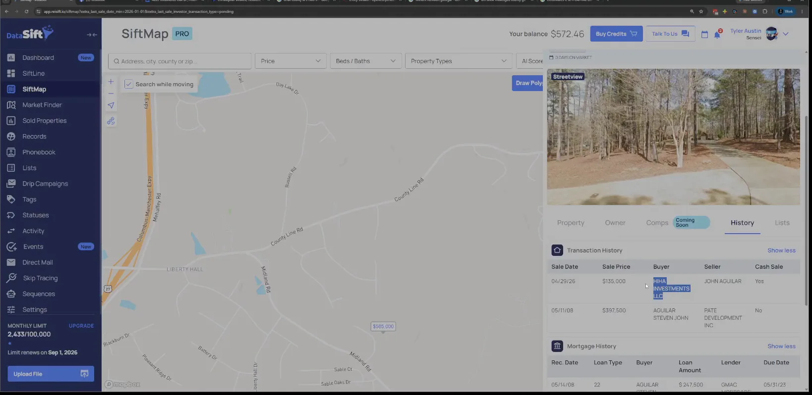 SiftMap property panel with transaction history showing HIHA Investments LLC as the buyer