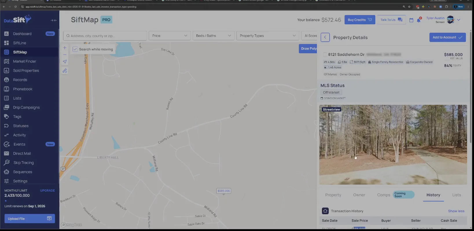 SiftMap property details panel showing address, price and buyer HIH investments in history