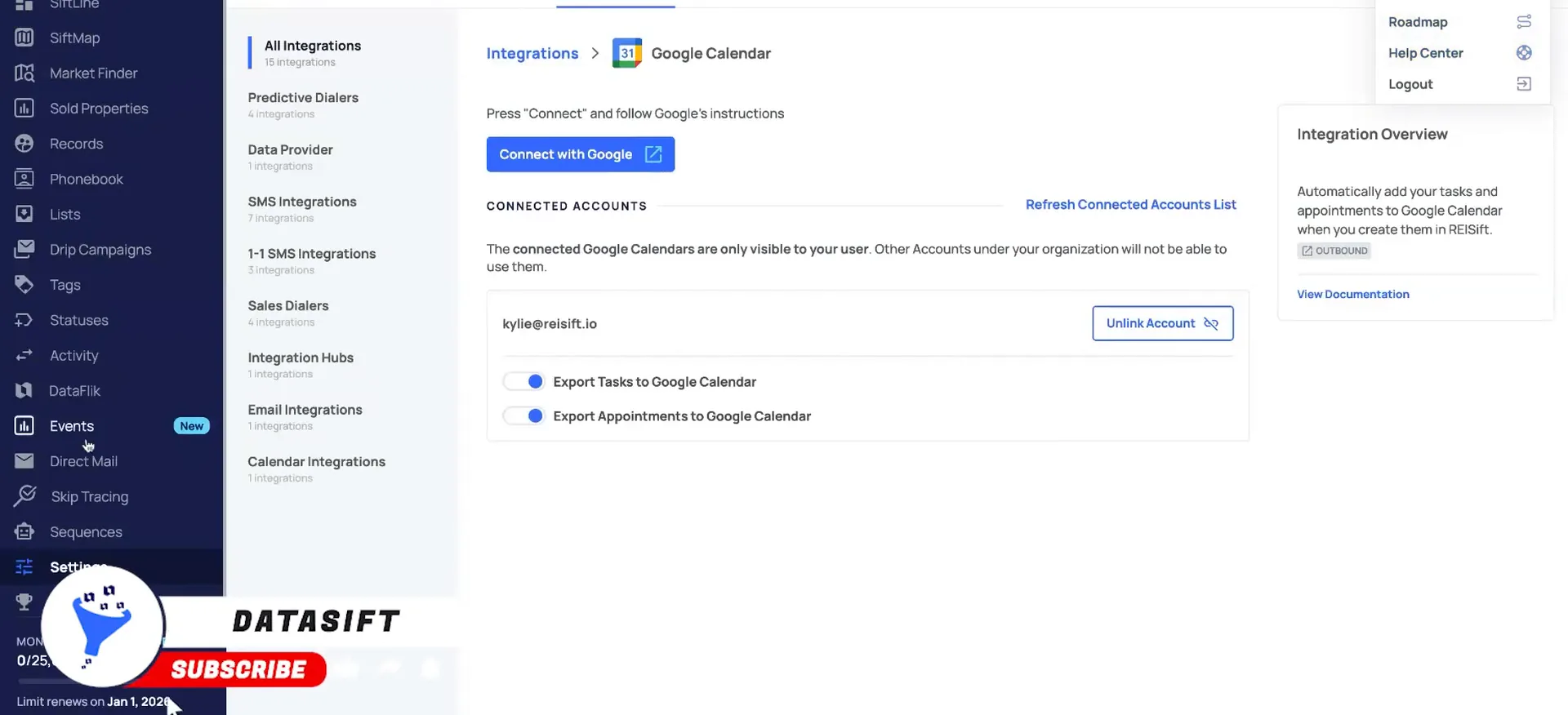 Integrations page with connected account, unlink button, export toggles, and the help center menu open