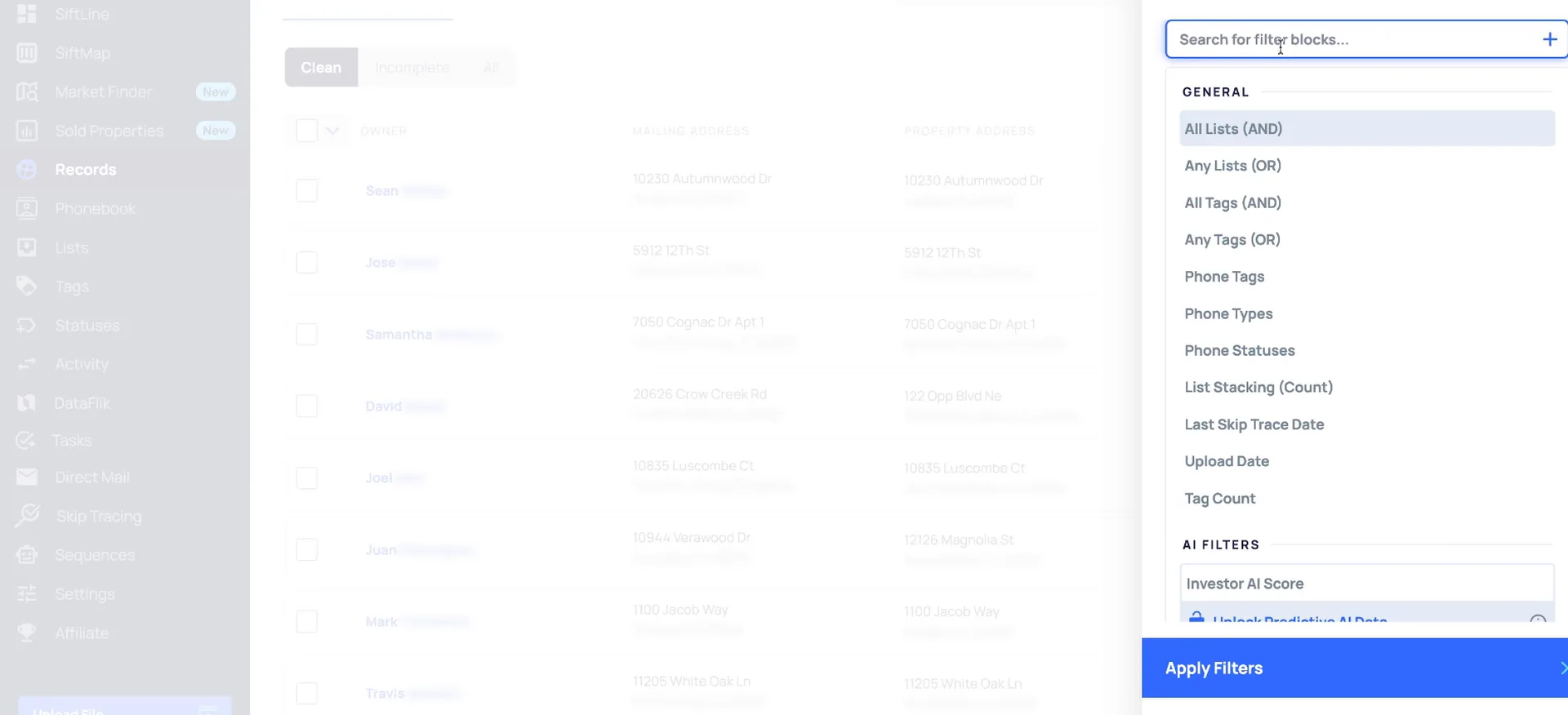 Records page with the filter block panel open showing all lists, tags and apply filters.