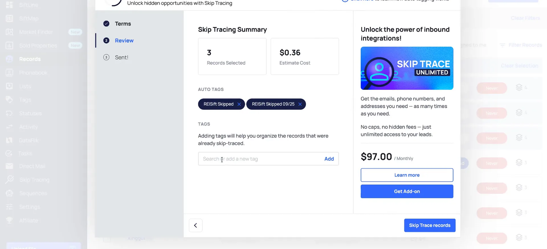 Skip tracing summary review screen with auto tags, a tag search field and the cost estimate.