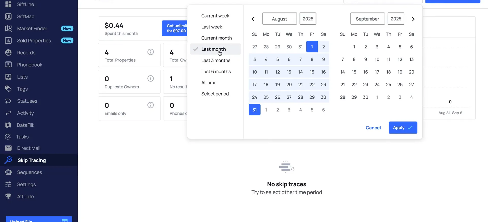 Skip tracing page with the date filter dropdown open showing last month, week and custom.