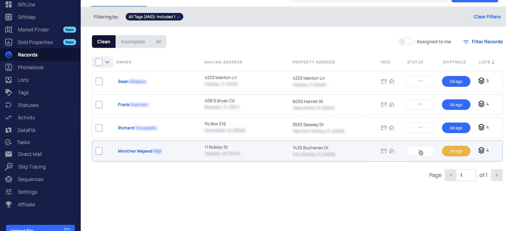 Records list filtered by tag with skiptrace status badges in blue and one orange.